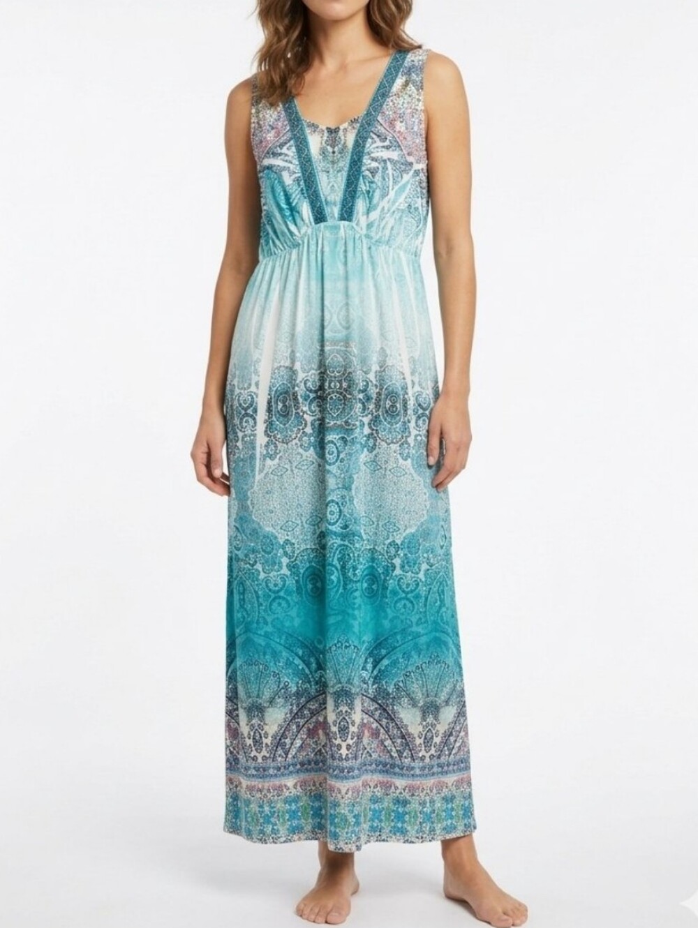 One World Sleeveless Printed Blue Maxi Dress with V-Neck